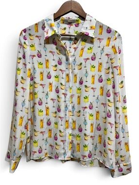 Alice + Olivia Willa Cocktail Print 100% Silk Blouse Medium